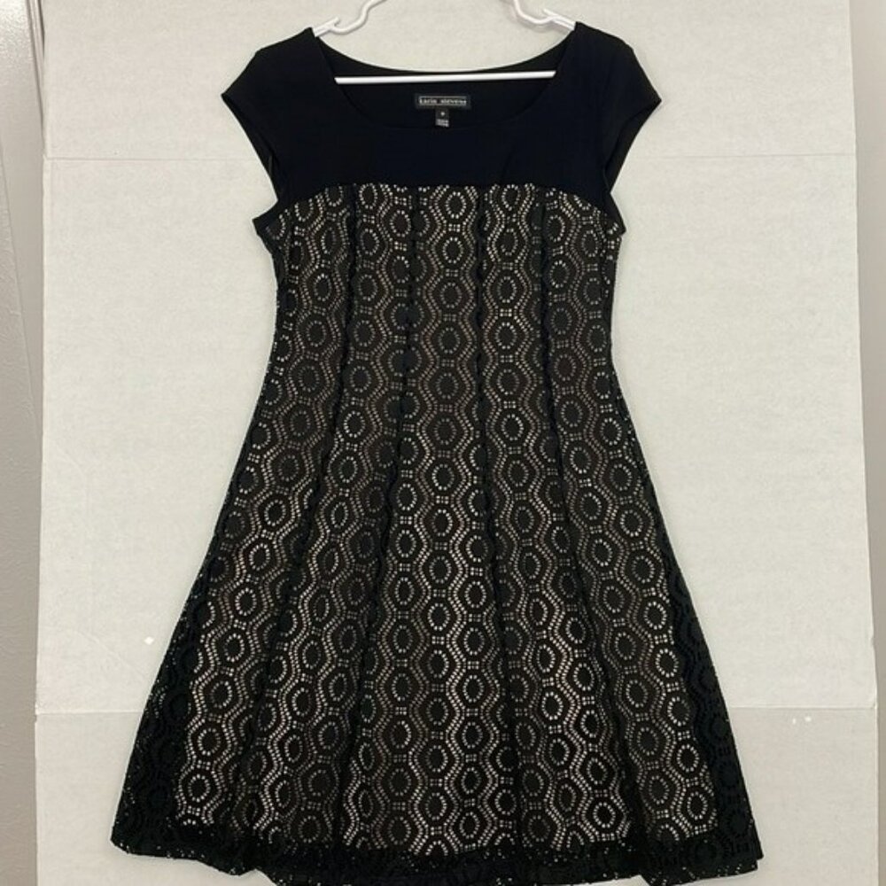 Karin Stevens Dress, Fit & Flare, Cap Sleeves, Tan Lined, Black, 10